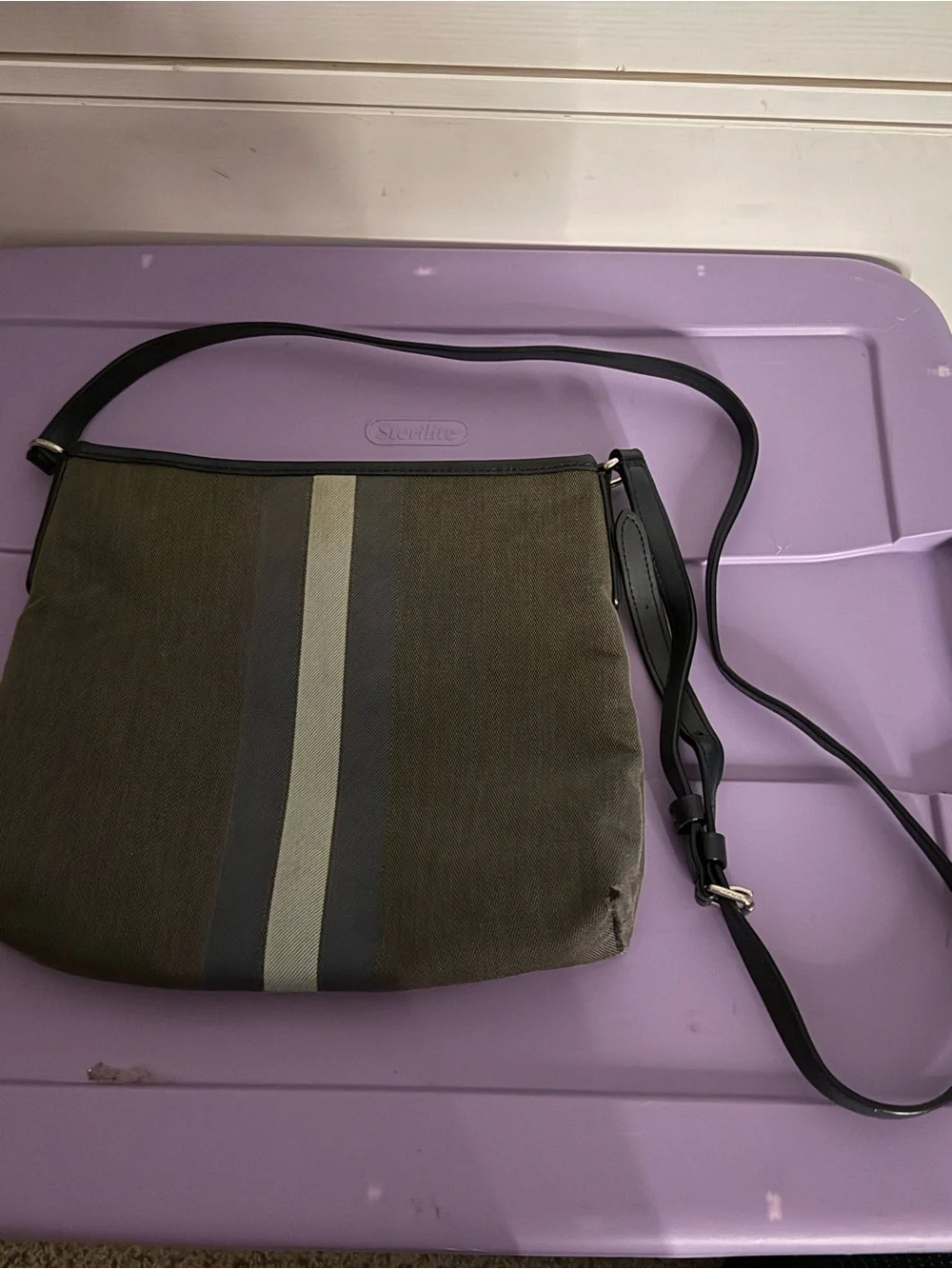 Coach Men's Crossbody Messenger Bag in Olive with Navy and Light Green Stripe